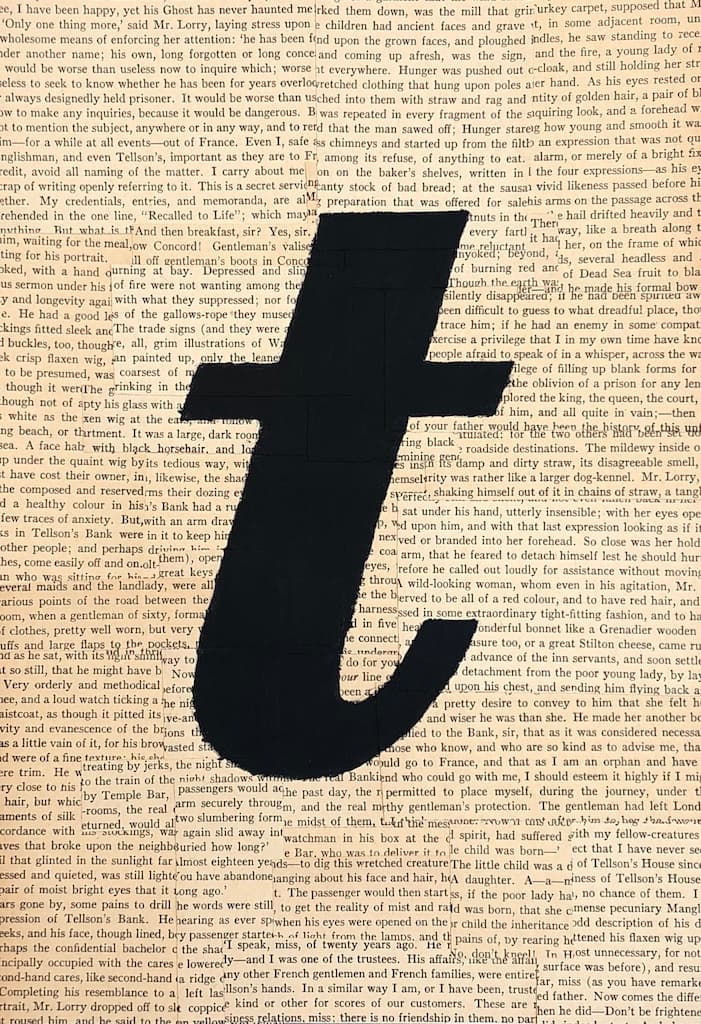 Black painted letter on collaged paper