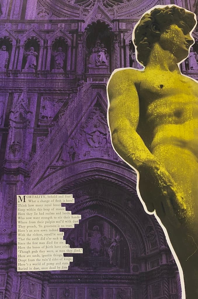 Layered watercolor collage with Renaissance statue and poem