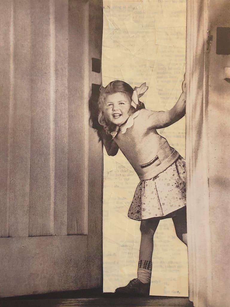 Surrealist image of a girl opening a door