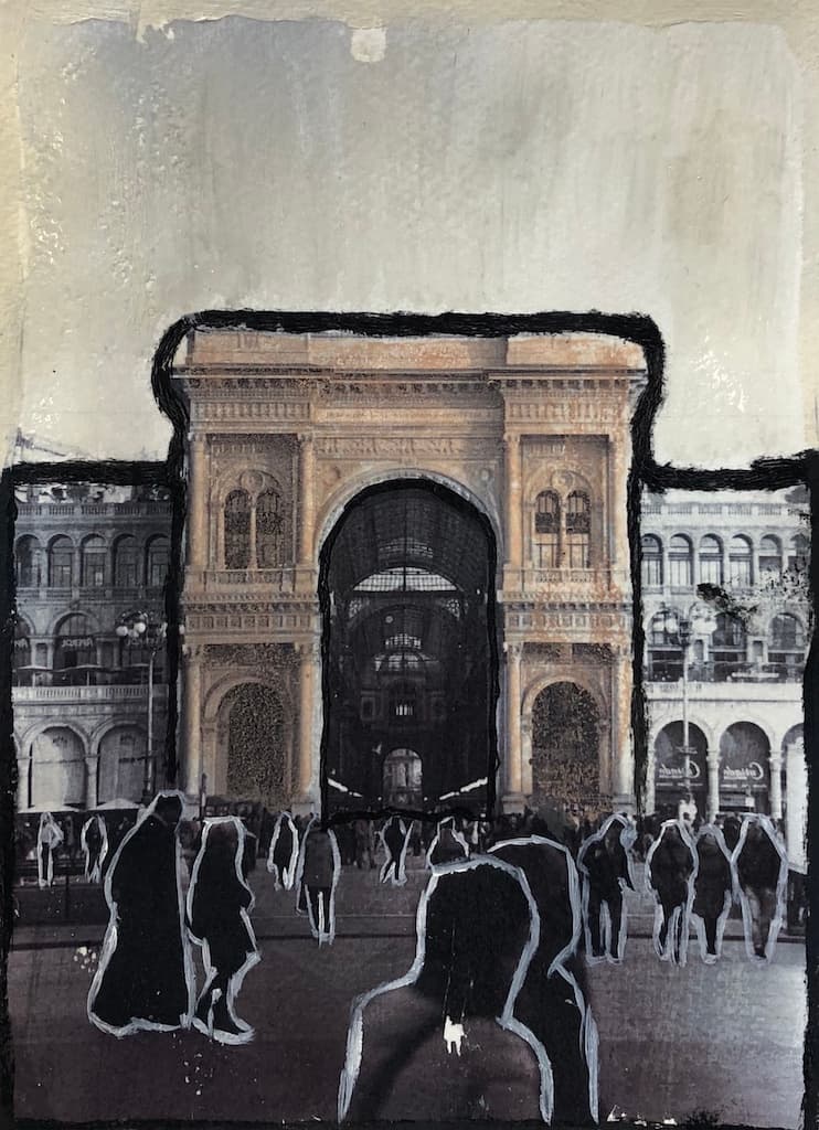 Oil painting on top of a black and white photo of an archway