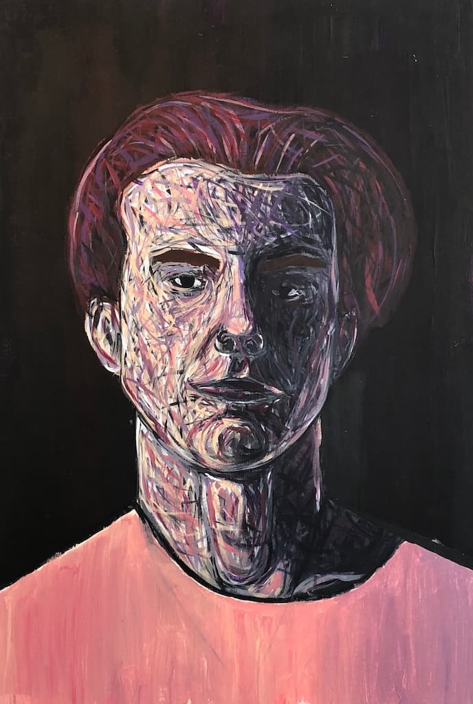 Painting of a man. Pink hues.