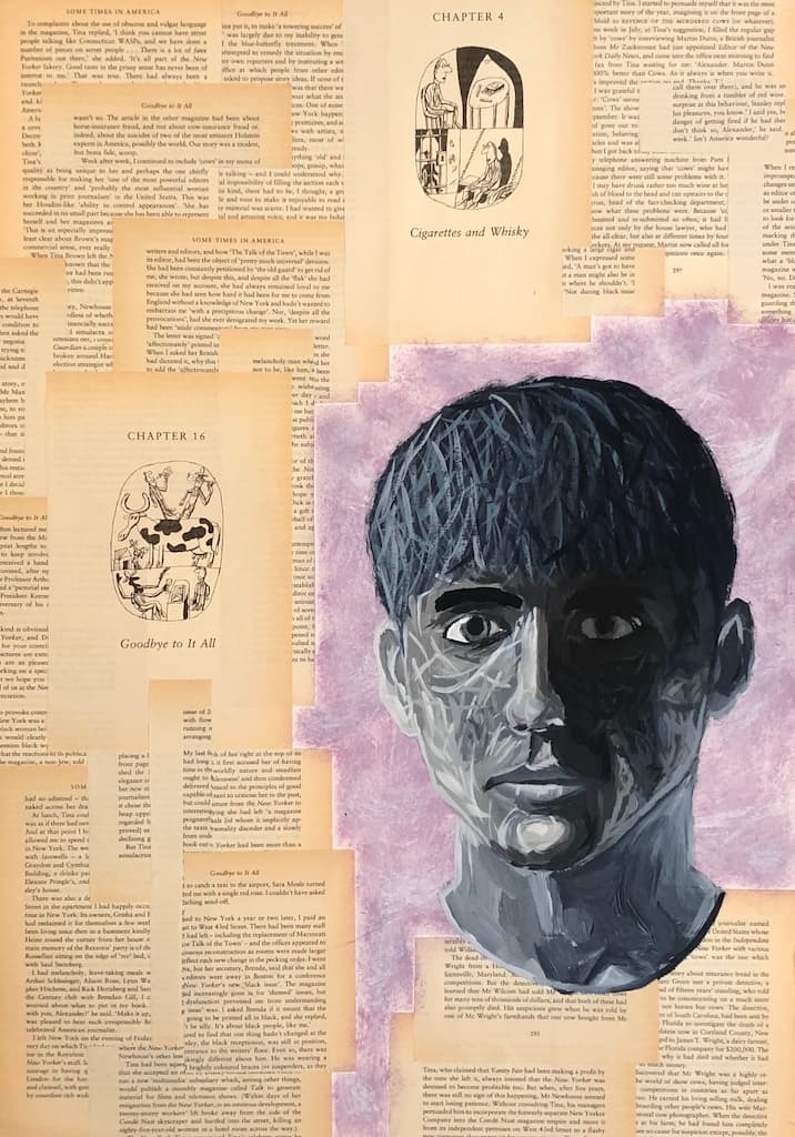 Painting of a head on collaged book pages