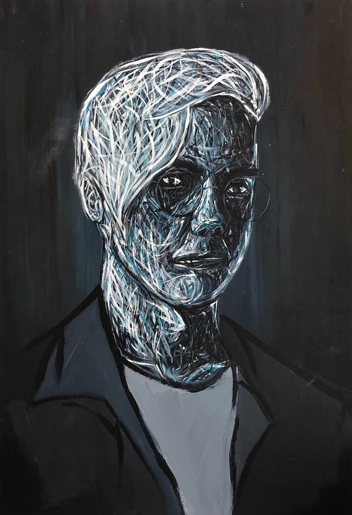 Painting of a man. Blue hues.